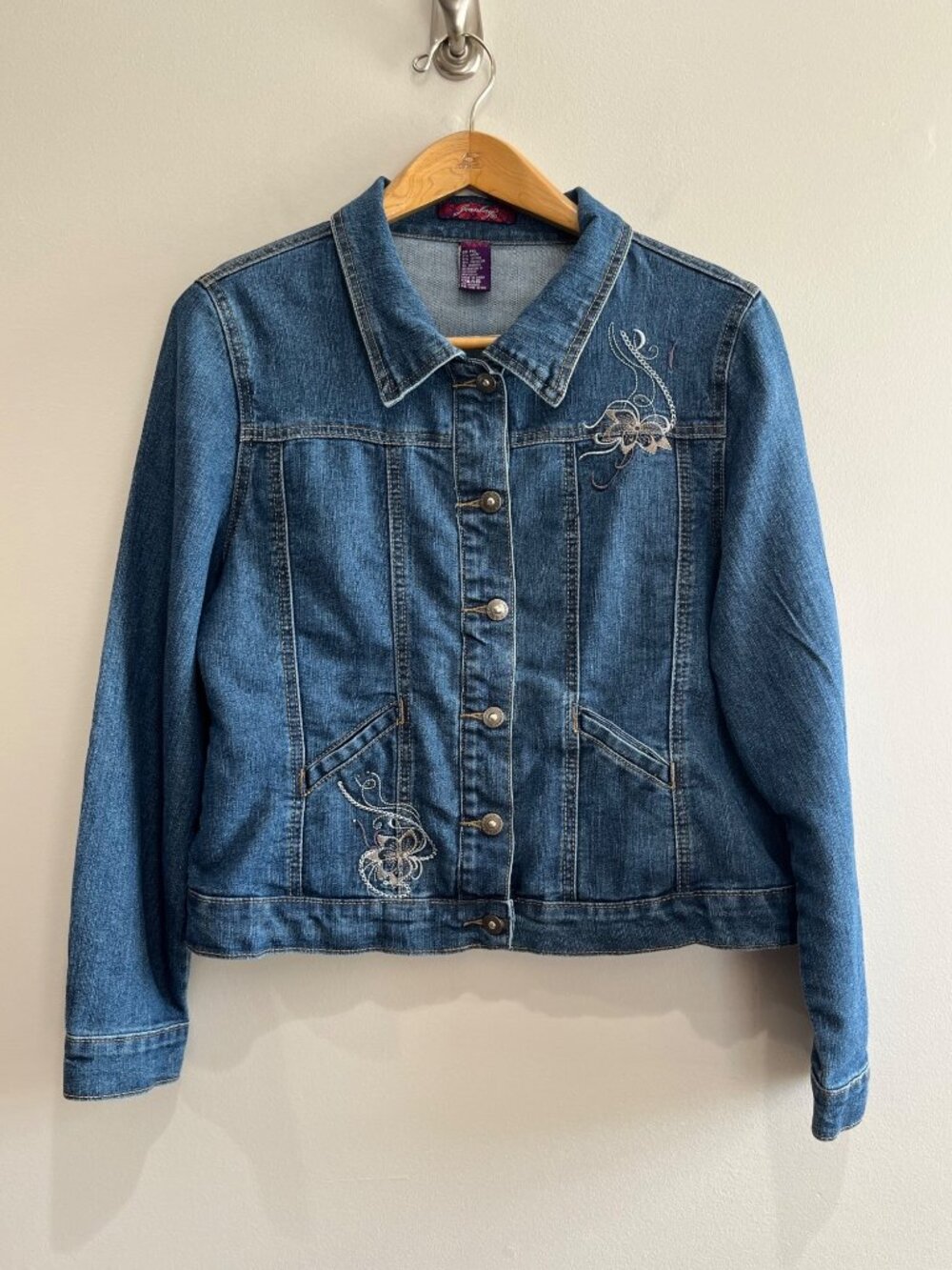 Jeanbay Denim Jacket With Floral Embroidery Womens PXL Blue Jean
